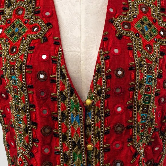 Vintage 70s M Silk Boho Beaded Vest Crop Top Red - Picture 4 of 11